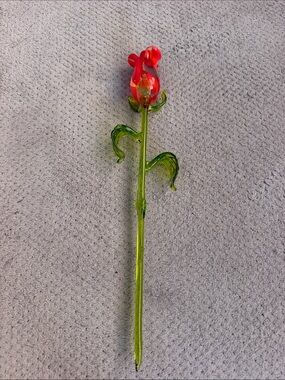 Hand-Blown Red Glass Rose Decorative Stem